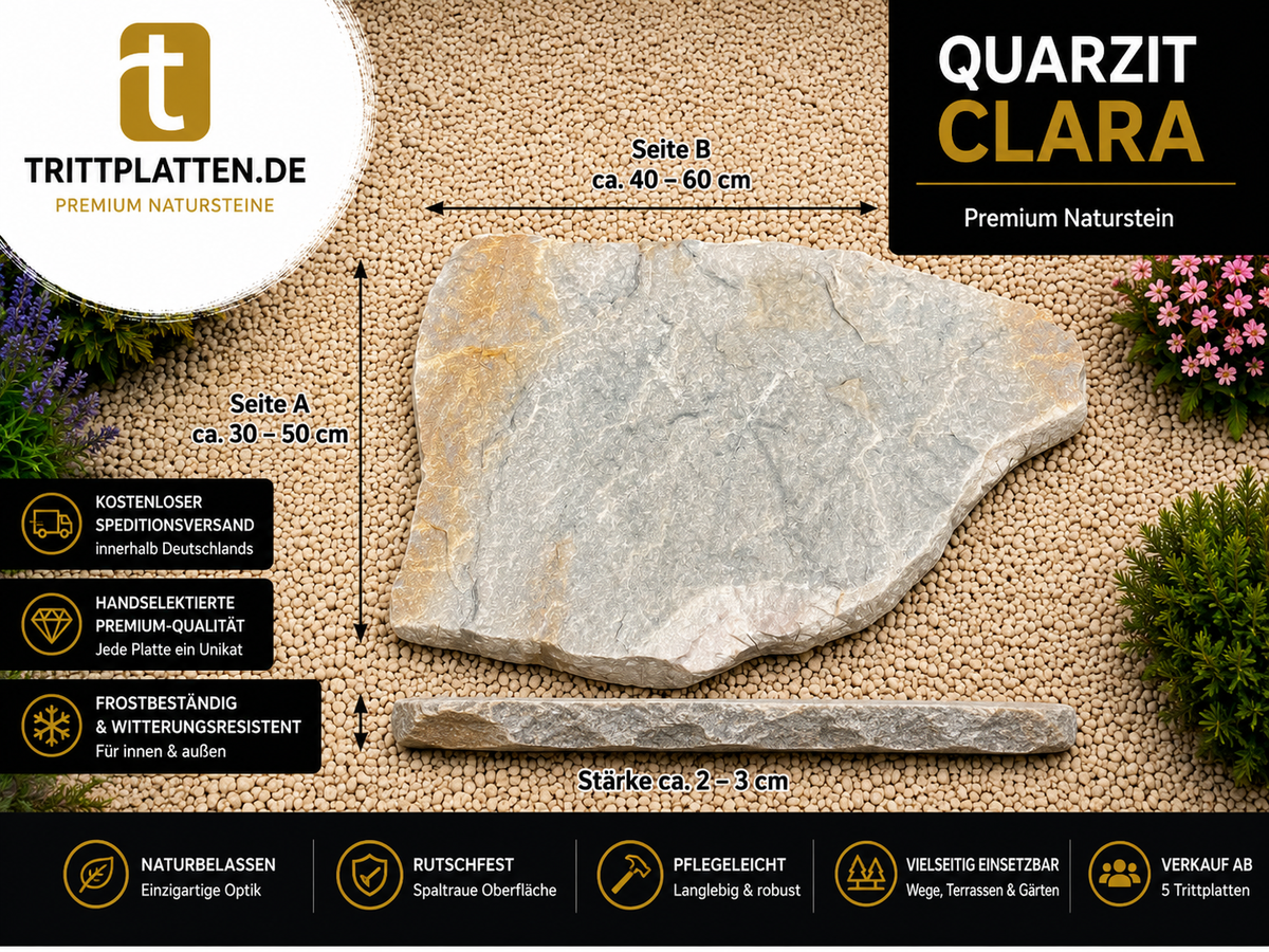 Quarzit Clara Naturstein Trittplatte mit Abmessungen und Stärke