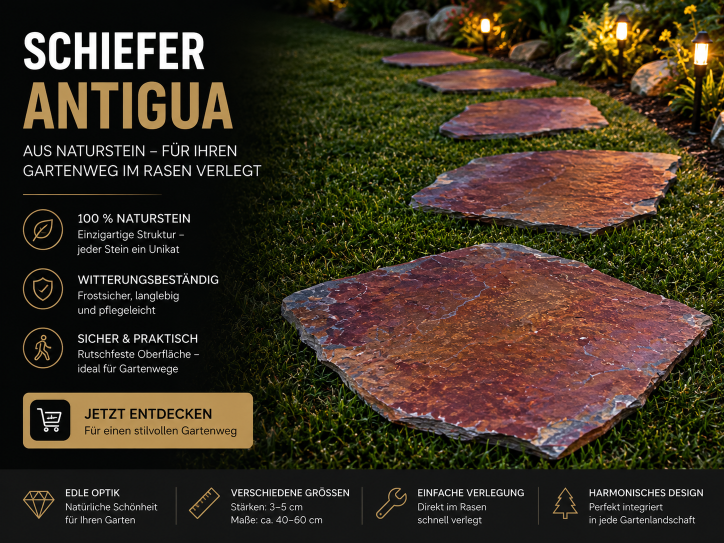 Gartenweg mit polygonalen Schiefer Antigua Trittplatten in warmen Kupfer-, Bronze- und Rosttönen – frostbeständige Naturstein-Trittsteine für stilvolle Außenbereiche.