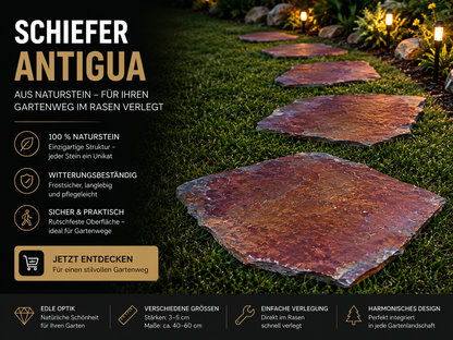 Gartenweg mit polygonalen Schiefer Antigua Trittplatten in warmen Kupfer-, Bronze- und Rosttönen – frostbeständige Naturstein-Trittsteine für stilvolle Außenbereiche.