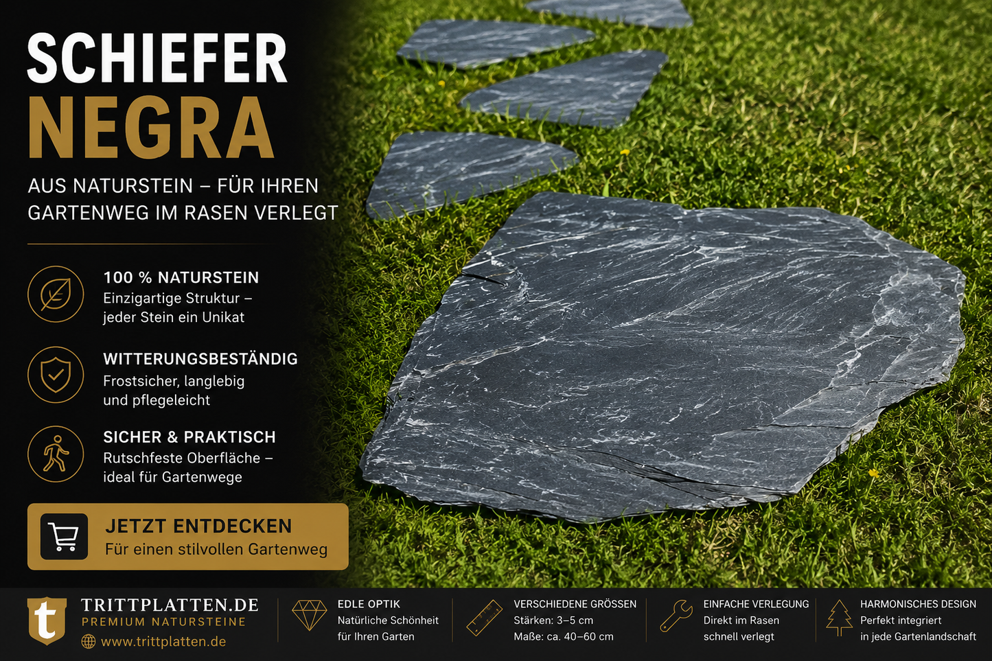 Polygonale Schiefer Negra Trittplatten aus Naturstein als stilvoller Gartenweg im Rasen mit anthrazitfarbener Schieferoberfläche aus Bruchsteine.