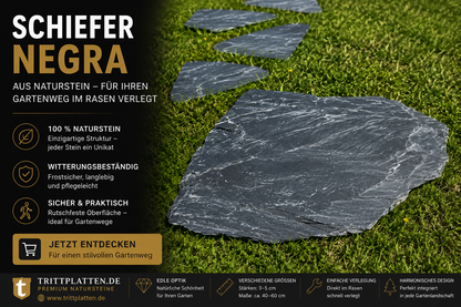 Polygonale Schiefer Negra Trittplatten aus Naturstein als stilvoller Gartenweg im Rasen mit anthrazitfarbener Schieferoberfläche aus Bruchsteine.