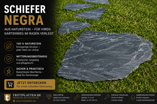 Polygonale Schiefer Negra Trittplatten aus Naturstein als stilvoller Gartenweg im Rasen mit anthrazitfarbener Schieferoberfläche aus Bruchsteine.