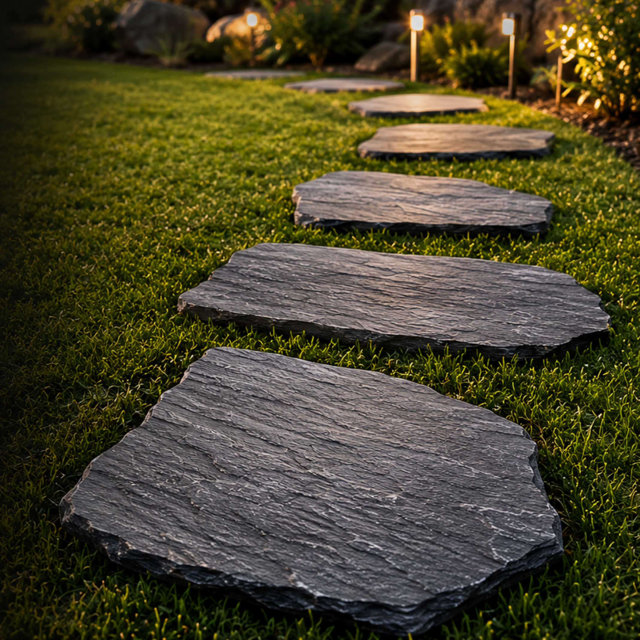 Schiefer Trittplatten aus Naturstein als Gartenweg im Rasen verlegt