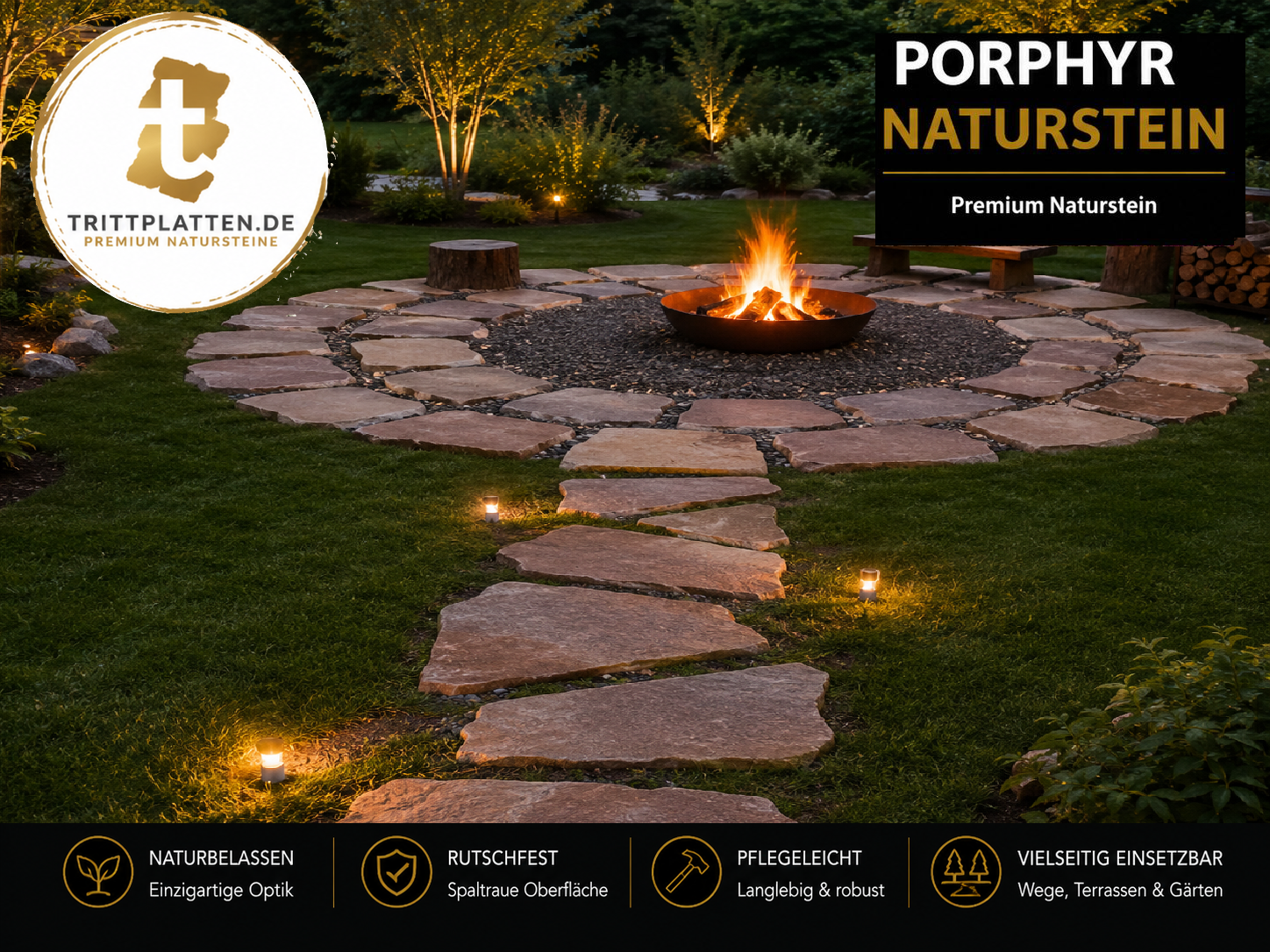 Porphyr Naturstein-Trittplatten als Gartenweg zur Feuerstelle im modernen Garten mit stimmungsvoller Beleuchtung