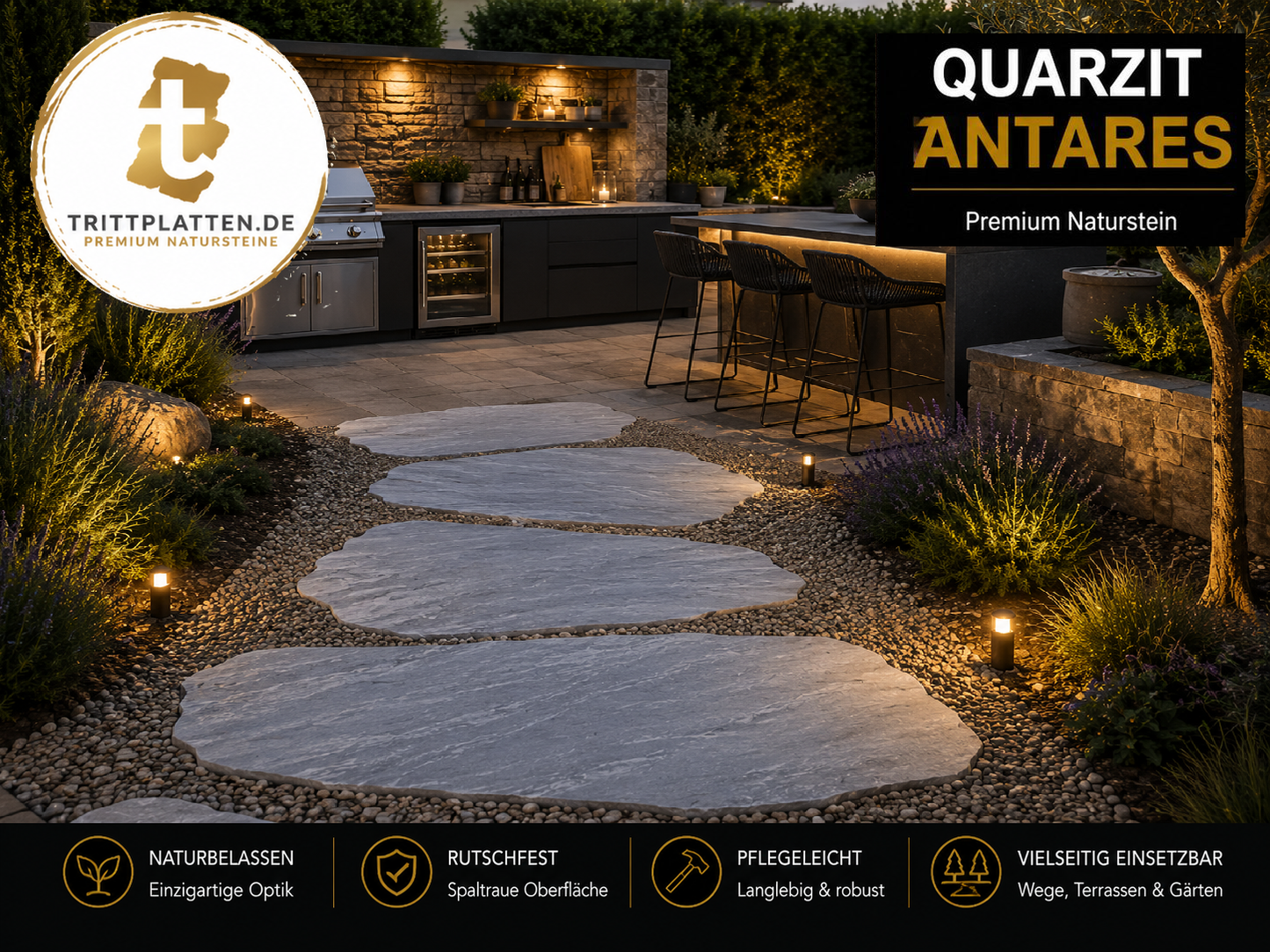 Quarzit Antares Naturstein-Trittplatten als Gartenweg zur Outdoor-Küche im modernen mediterranen Garten