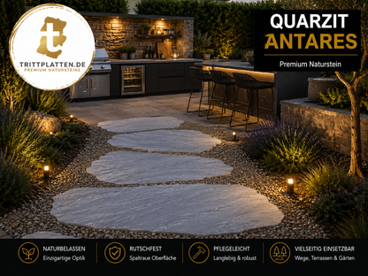 Quarzit Antares Naturstein-Trittplatten als Gartenweg zur Outdoor-Küche im modernen mediterranen Garten