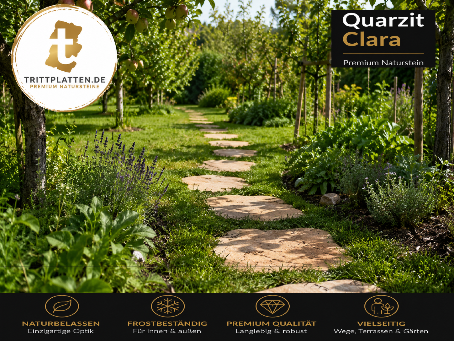Quarzit Clara Naturstein-Trittplatten als Gartenweg durch einen Obstbaumgarten mit Apfelbäumen und Lavendel
