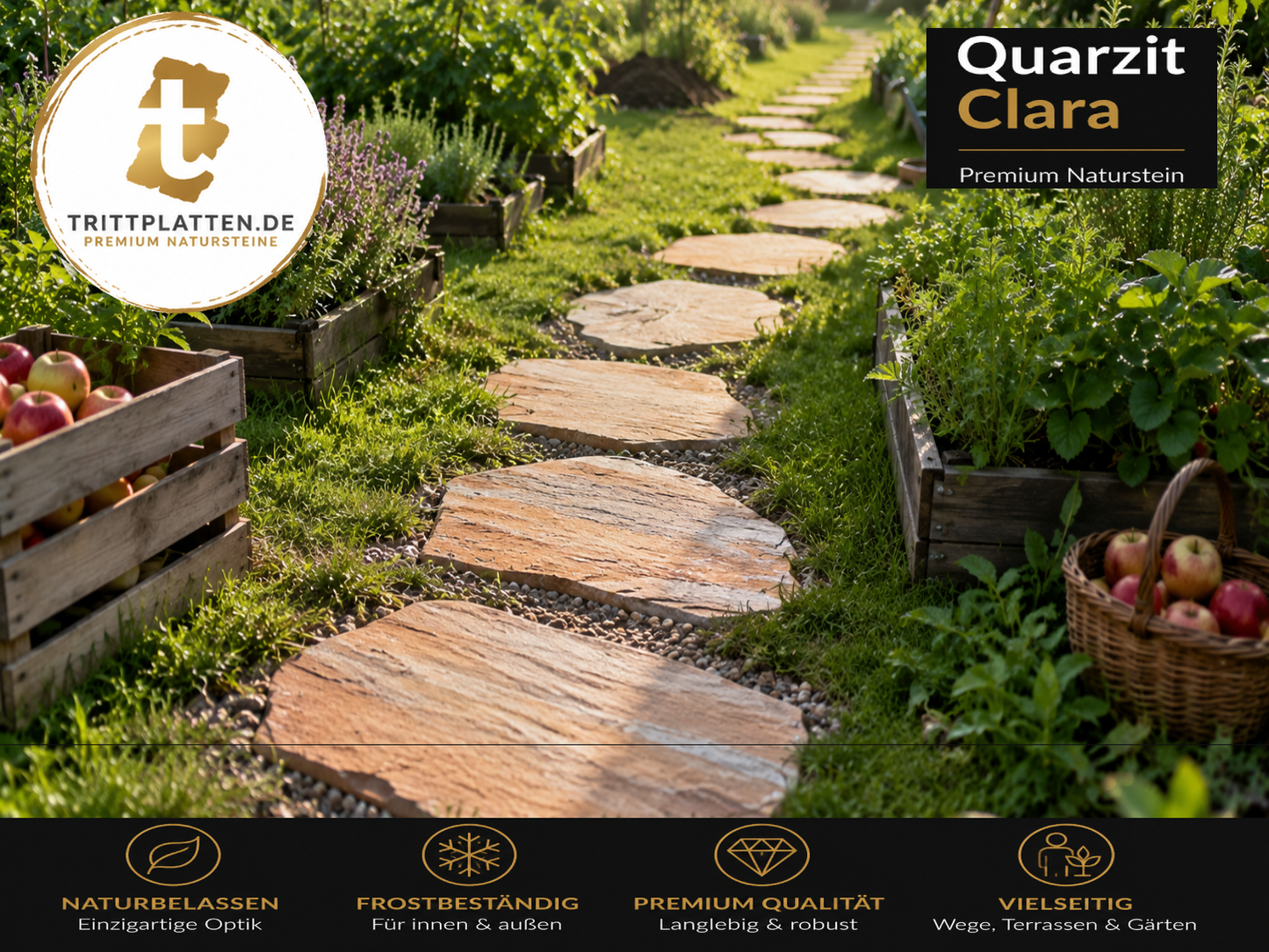 Quarzit Clara Naturstein-Trittplatten als Gartenweg im Obst- und Gemüsegarten zwischen Hochbeeten mit frischer Ernte und Apfelbäumen