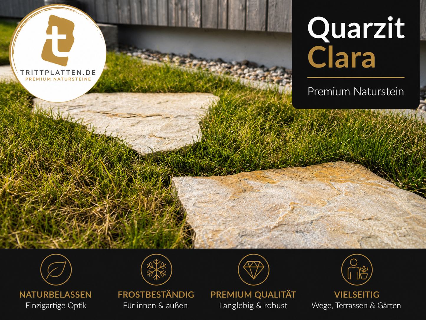 Quarzit Clara Trittplatten auf Rasen im Garten