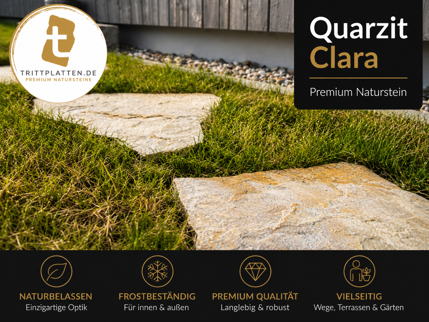 Quarzit Clara Trittplatten auf Rasen im Garten