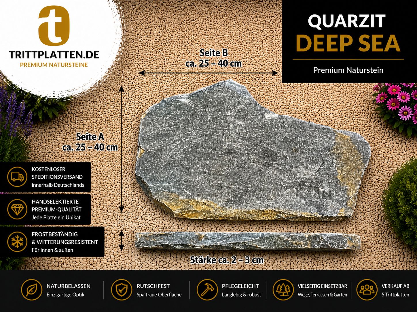 Quarzit Deep Sea Naturstein-Trittplatte mit Maßen 25–40 cm und 2–3 cm Stärke als Premium-Naturstein