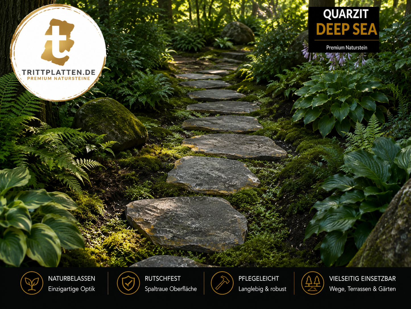 Quarzit Deep Sea Naturstein-Trittplatten als schattiger Waldgartenweg zwischen Farnen, Hostas, Moos und Natursteinen