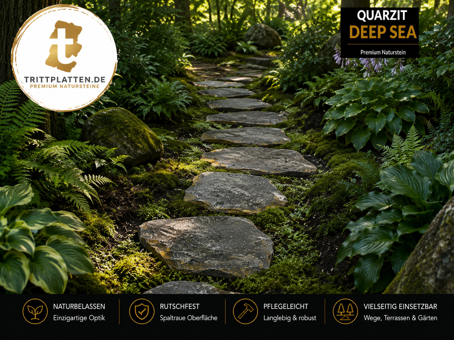 Quarzit Deep Sea Naturstein-Trittplatten als schattiger Waldgartenweg zwischen Farnen, Hostas, Moos und Natursteinen