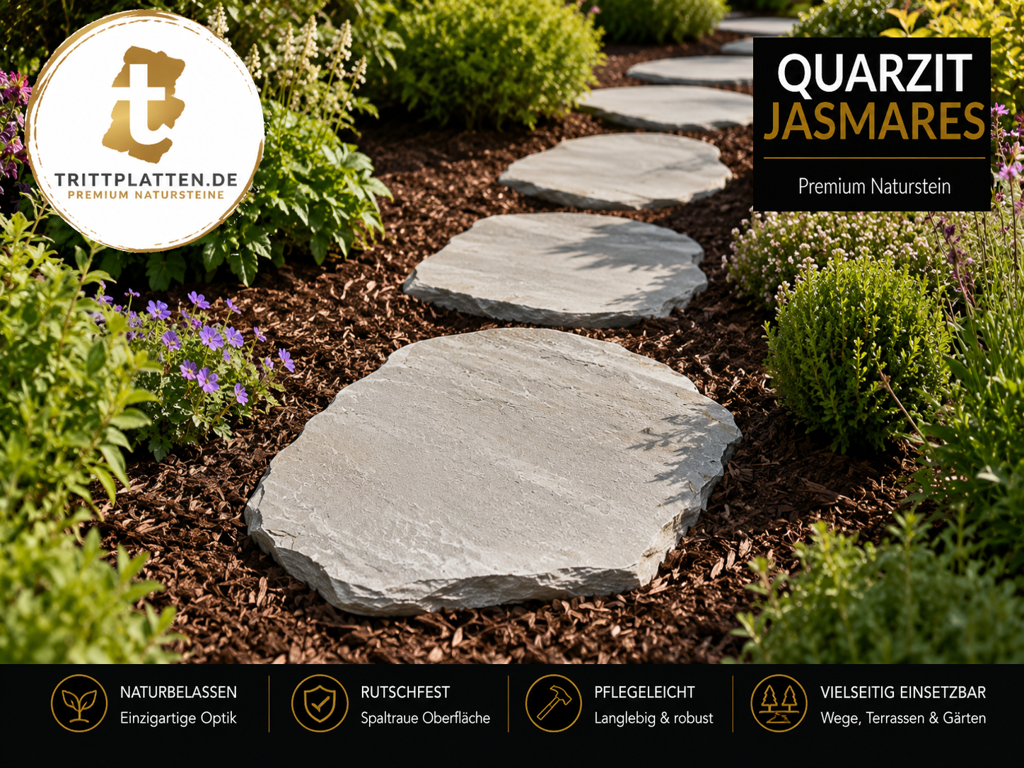 Quarzit Jasmares Naturstein-Trittplatten als geschwungener Gartenweg im Mulchbeet zwischen blühenden Stauden und Ziergehölzen