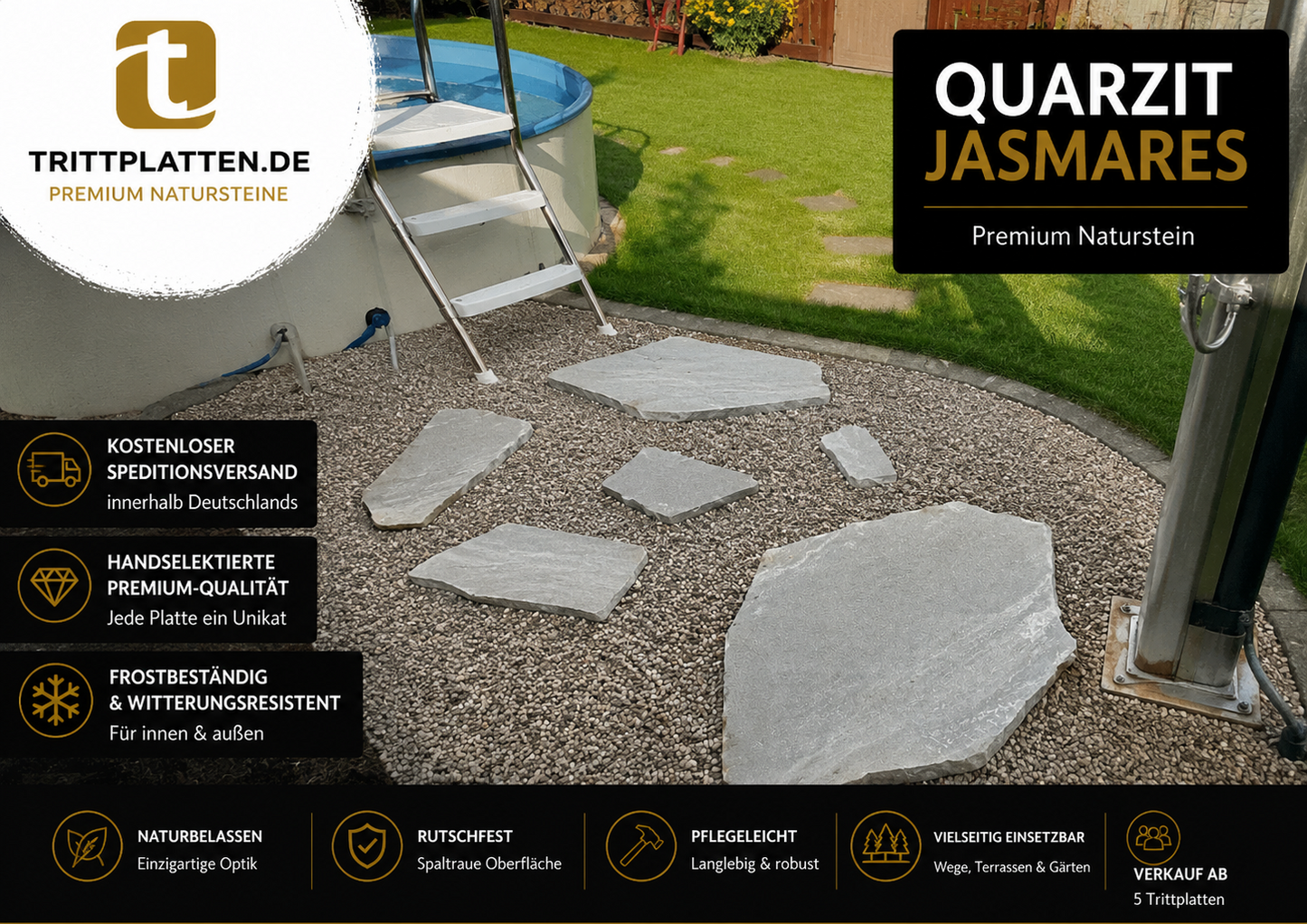 Anwendungsbeispiel mit polygonalen Quarzit Jasmares Naturstein-Trittplatten im Poolbereich. Die frostbeständigen und rutschfesten Trittplatten eignen sich ideal als Gartenweg rund um den Pool sowie für Rasen, Terrassen und weitere Außenbereiche.