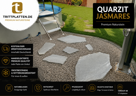 Anwendungsbeispiel mit polygonalen Quarzit Jasmares Naturstein-Trittplatten im Poolbereich. Die frostbeständigen und rutschfesten Trittplatten eignen sich ideal als Gartenweg rund um den Pool sowie für Rasen, Terrassen und weitere Außenbereiche.