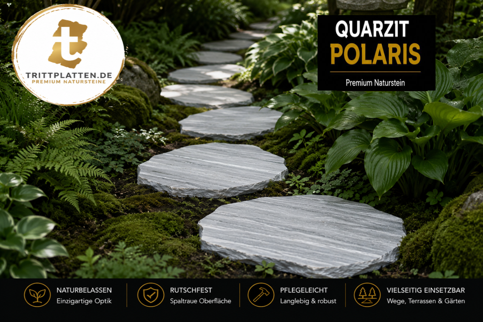 Quarzit Polaris Naturstein-Trittplatten als eleganter Gartenweg im Schattengarten zwischen Hostas, Farnen, Moos und Natursteinen