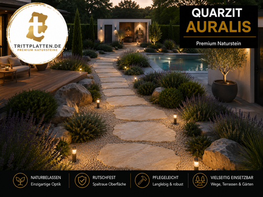 Quarzit Auralis Naturstein-Trittplatten als beleuchteter Gartenweg am Pool im modernen Premium-Garten