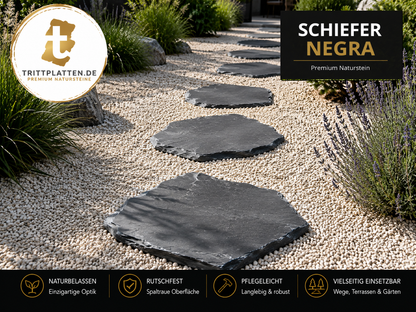 Schiefer Negra Naturstein-Trittplatten als eleganter Gartenweg im hellen Zierkies mit Lavendel und modernen Ziergräsern