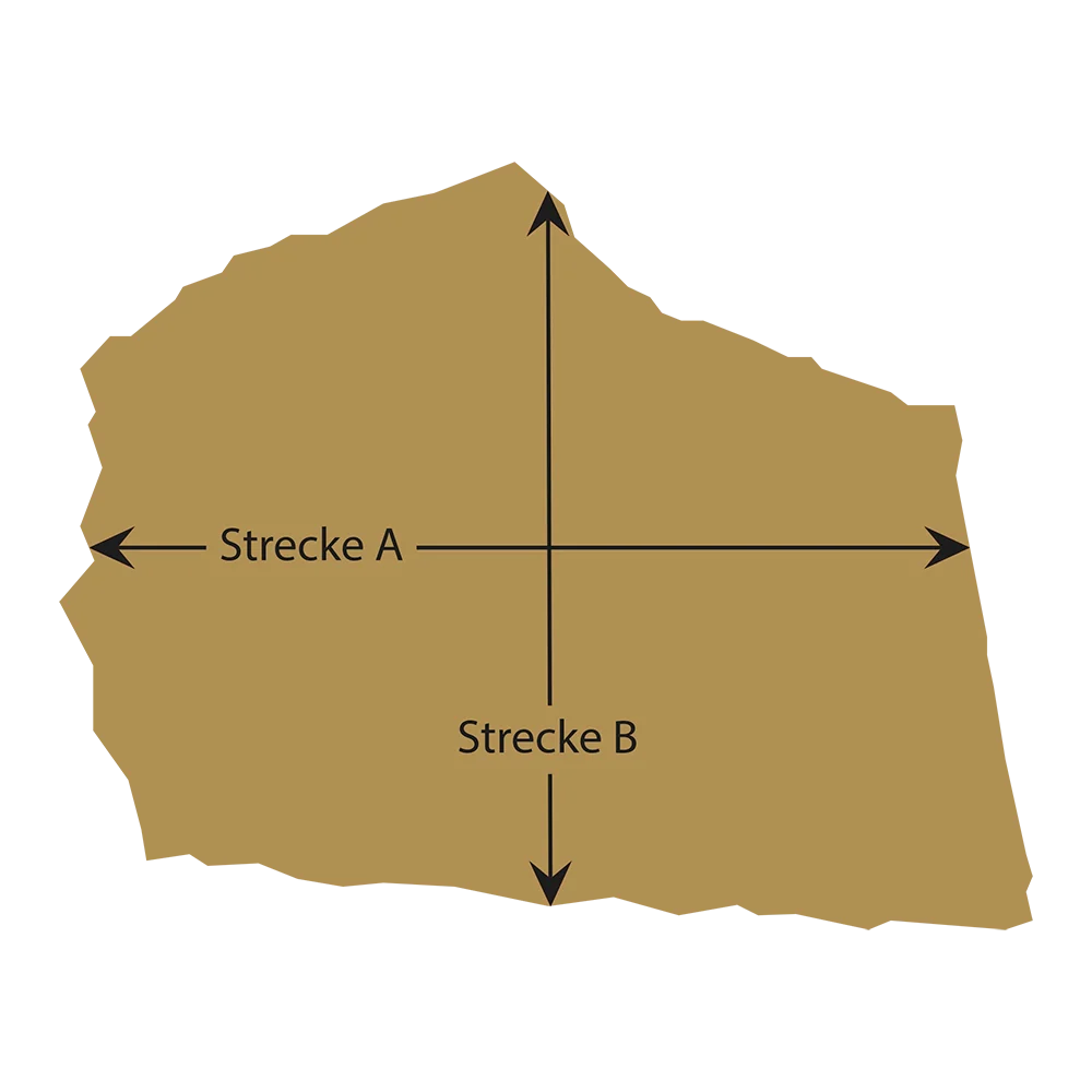 Zeichnung einer polygonalen Trittplatte zur Beurteilung der Form und Bemaßung der Strecken A und B
