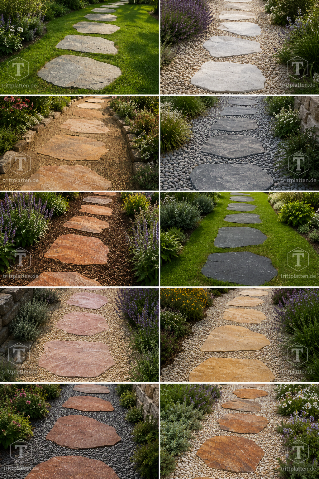 Collage mit verschiedenen Verlegevarianten von polygonalen Trittplatten aus Naturstein für Gartenwege im Rasen, Kies, Splitt und Außenbereiche